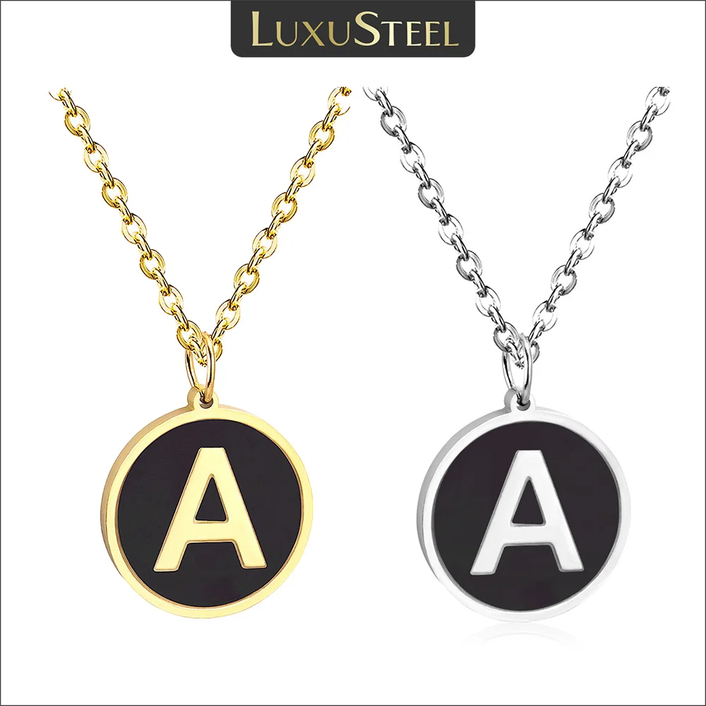 

LUXUSTEEL Black Shell Initials Letter Pendant Necklace For Women Men Stainless Steel Alphabet Charm Rolo LInk Chain Couple Gifts