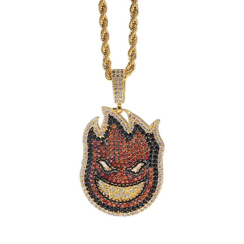 

Цепочка с подвеской в стиле хип-хоп для мужчин и женщин, украшенная фианитом качества ААА, сверкающее украшение с изображением маленького дьявола, кружевное ожерелье золотого цвета