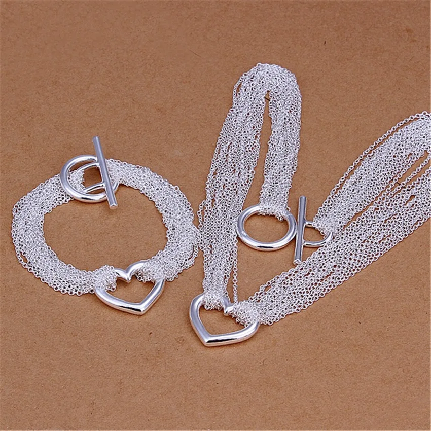 

Fine 925 Silver Tassel Chain Heart bracelets / neckalce Bohemia for women wedding jewelry sets Original designer gifts