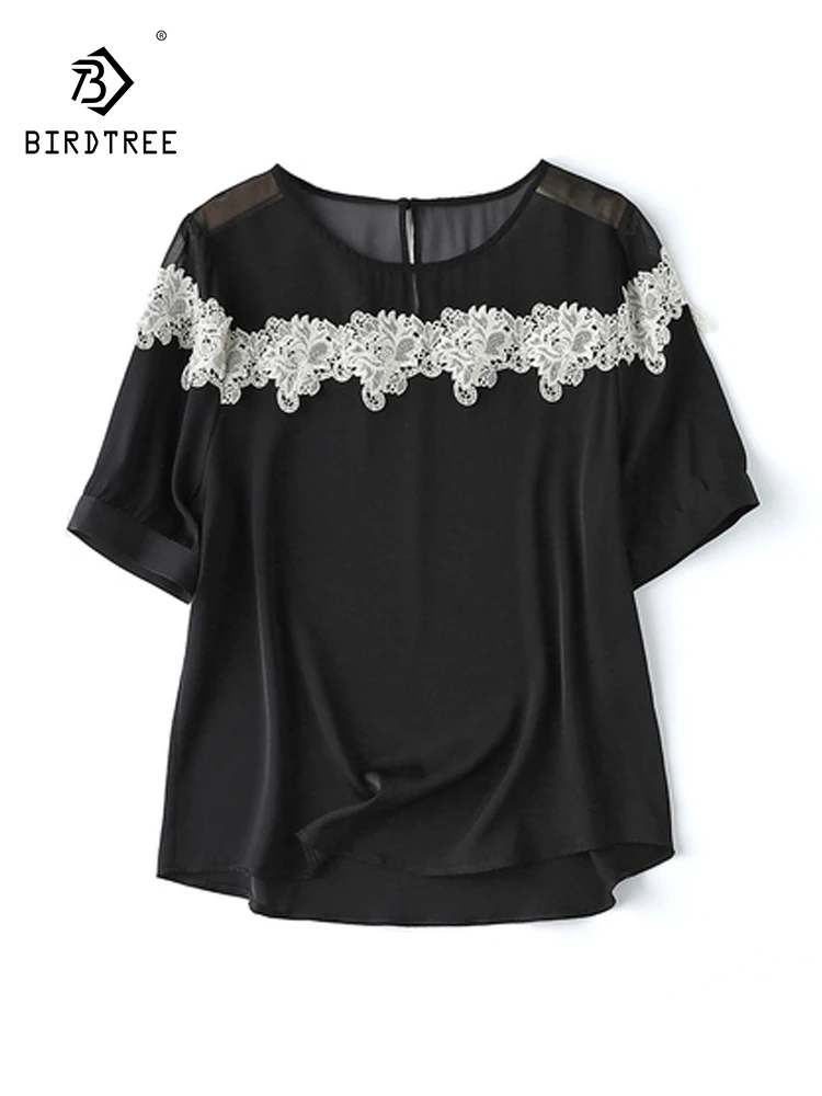 

Birdtree 92%Silk 8%Spandex Women Black Lace Blouses Round Collar Chic Shirts 2023 Summer New Office Workwear Lady Top T37240QC