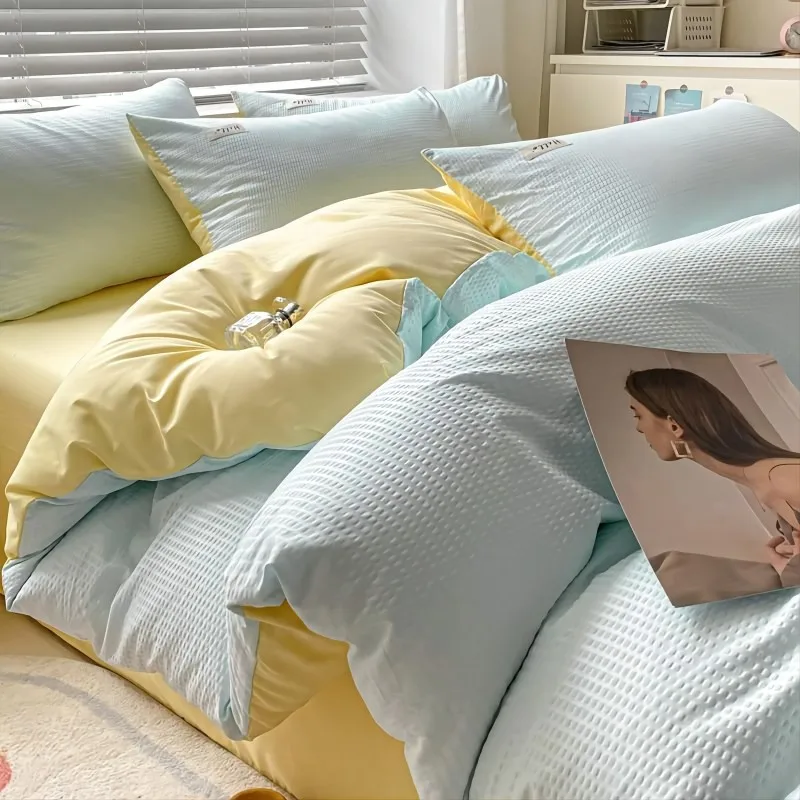 

Internet Celebrity Waffle Four-Piece Set Washed Sanded Sheets Quilt Cover Fitted Sheet Bedding Contrast Color Dormitory Three-Pi