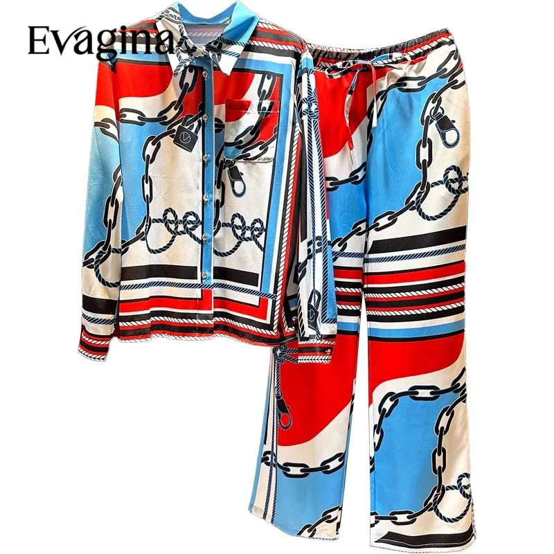

Evagina Autumn Cotton Blend Fashion Personality Print Leisure Vacation Tethered Long Sleeve Mixed Color Two-Piece Set