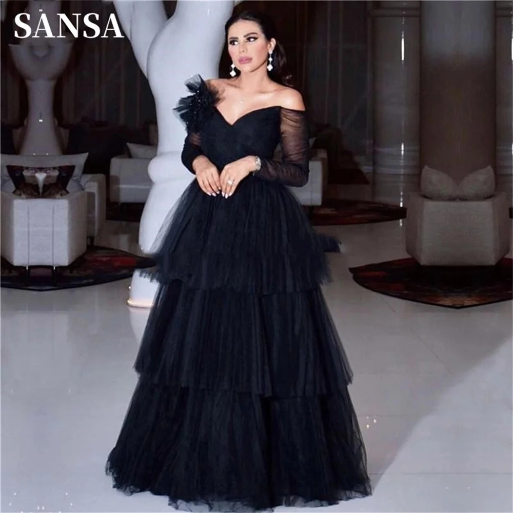 Sansa Elegant Black Long Sleeve Prom Dress Off Shoulder Multilayer Vestidos De Noche Sexy Embroidered Ball فساتين سهره فاخره
Sansa Elegant Black Long Sleeve Prom Dress Off Shoulder Multilayer Vestidos De Noche Sexy Embroidered Ball فساتين سهره فاخره