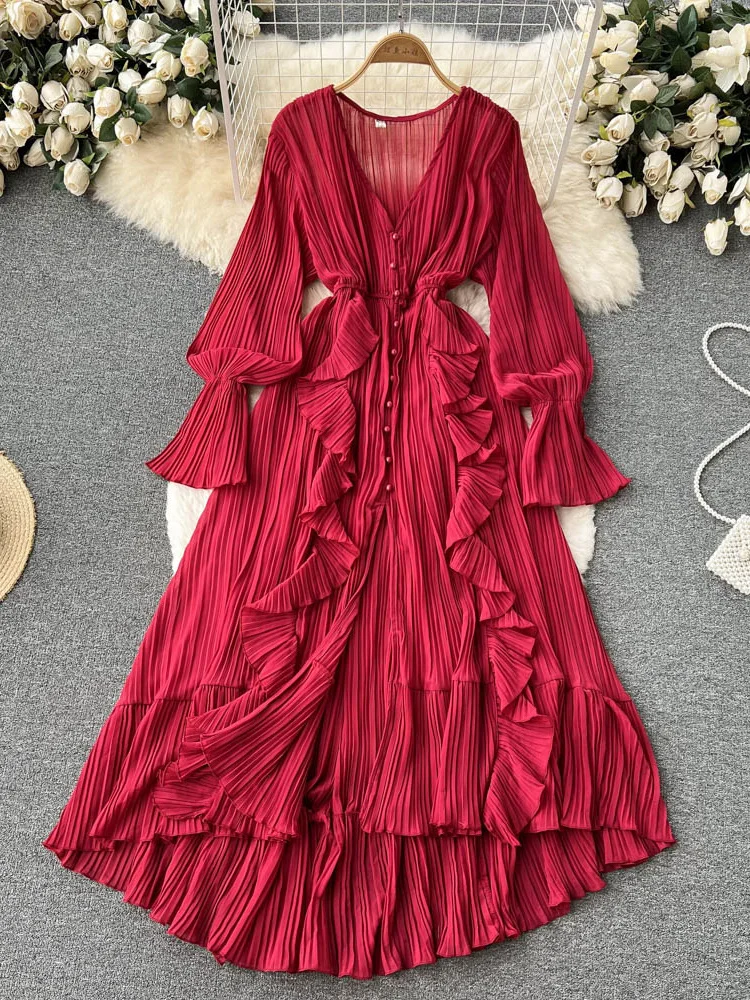 Purple/Brown/Red Chiffon Pleated Long Dress Women Vintage V-Neck Flare Sleeve Draped Ruffle Vestido Female Maxi Robe Spring Fall
Purple/Brown/Red Chiffon Pleated Long Dress Women Vintage V-Neck Flare Sleeve Draped Ruffle Vestido Female Maxi Robe Spring Fall