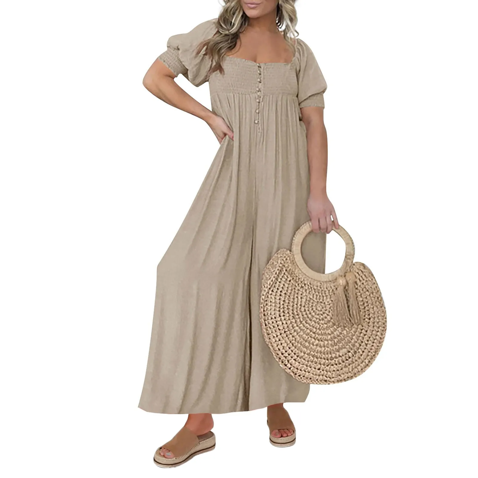 

Summer Wide Leg Pants Women High Waist Jumpsuit Sexy Square Collar Button Pleat Romper Spring Puff Short Sleeve Loose Overalls