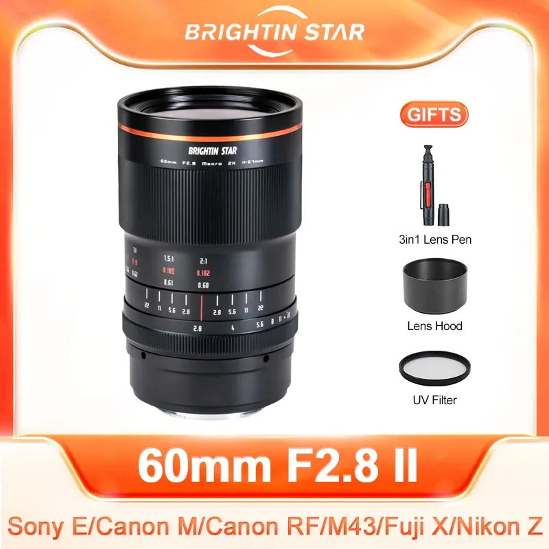 Brightin Star 60mm F2.8 II APS-C Super Macro 2:1 Magnification Macro Lens for Sony E Nikon Z Fuji X Canon EOS M R RF M4/3 Camera
Brightin Star 60mm F2.8 II APS-C Super Macro 2:1 Magnification Macro Lens for Sony E Nikon Z Fuji X Canon EOS M R RF M4/3 Camera