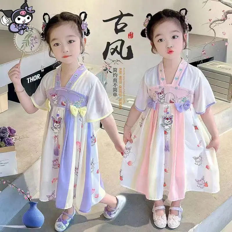 

Girl Dress Anime Cartoon Kuromi Princess Dress Summer Child New Chinese Style Hanfu Gauze Skirt Lolita Kawaii Short Sleeve Dress