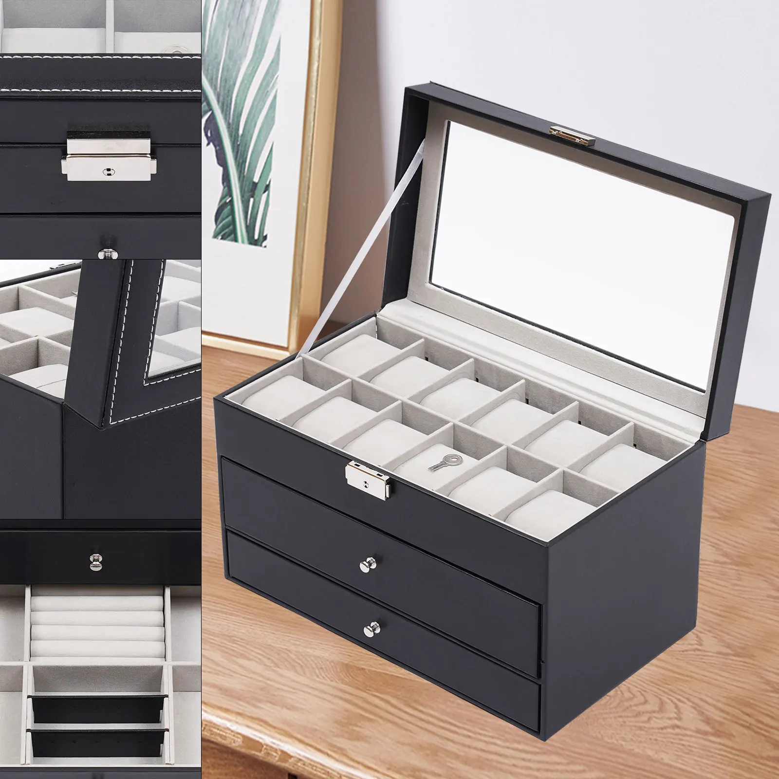 3-Layer Black Watch Display Box Jewelry Ring Storage Case Multi-Purpose Eyeglasses Collection Organizer Holder w/ Glass Top Lid
3-Layer Black Watch Display Box Jewelry Ring Storage Case Multi-Purpose Eyeglasses Collection Organizer Holder w/ Glass Top Lid