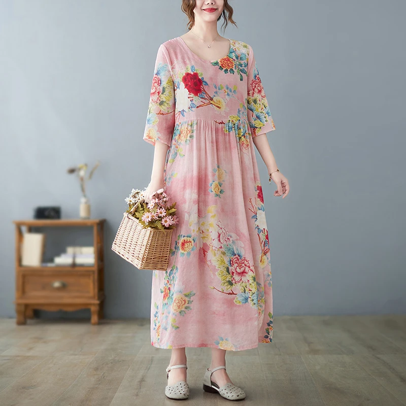 

Женское винтажное платье из смеси хлопка, тонкое летнее платье с цветочным принтом, модное женское платье в путешественном стиле, Новое поступление 2024