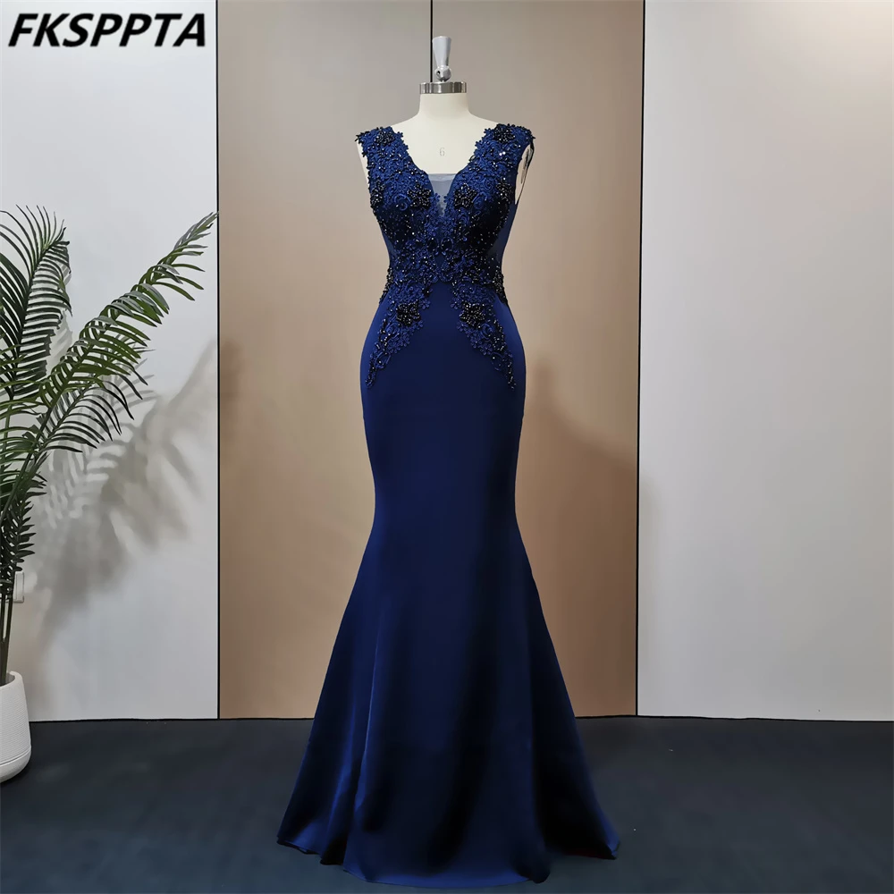 

Exquisite Navy Mermaid Formal Evening Dress See Through Back Stunning Crystals Appliques Satin Long Prom Gowns Plus Size Dresses