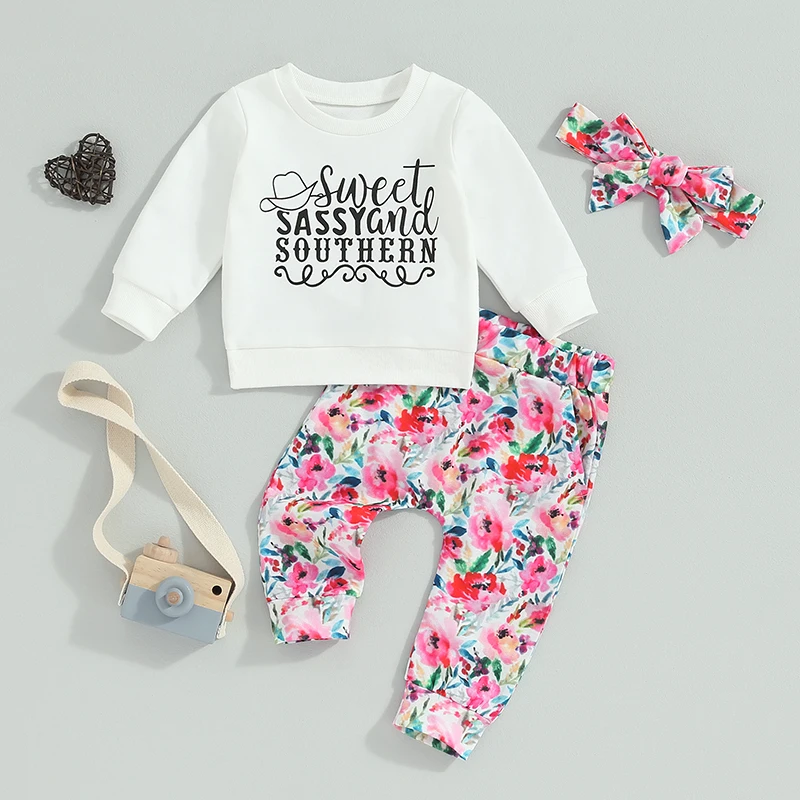 

2023-08-04 Lioraitiin 0-3Y Toddler Kid Girls Clothes Sets Long Sleeve Letter Print Tops Floral Pants Headband Autumn Pants Set