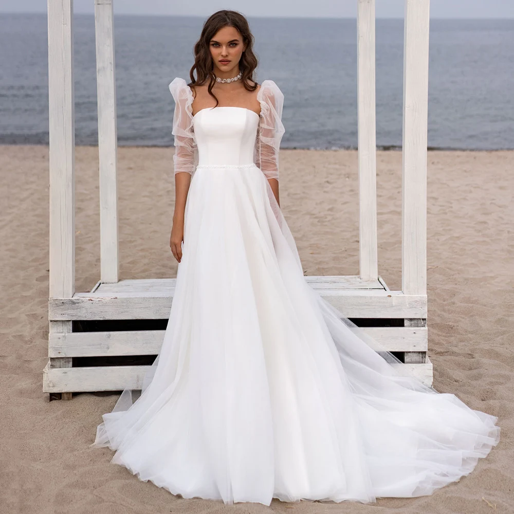 

Sexy Chiffon Beach A-Line Boho Strapless Detachable Sleeves Wedding Dress Bride Simple Backless Lace Up Robe De Marie for Women