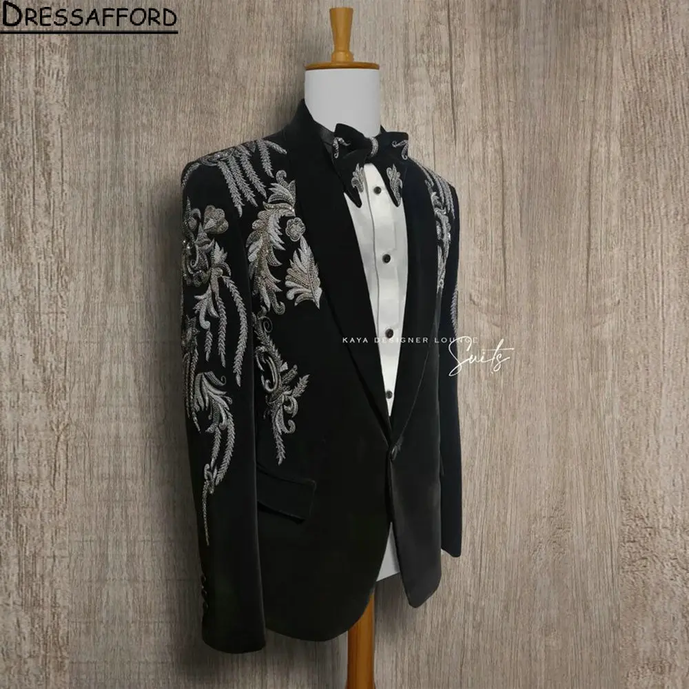 

Black Two Pieces Men Suits Sequined Appliques Beading Evening Party Blazer Groom Wear ( Jacket + Pants )