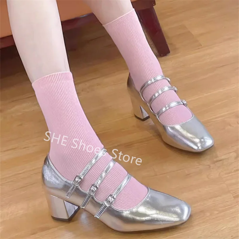 

Retro Silver Square Toe Chunky Heel Women Mary Janes Shoes Lolita Style Cross-Tied Buckle Strap Ladies Dress Hight Heels Pumps