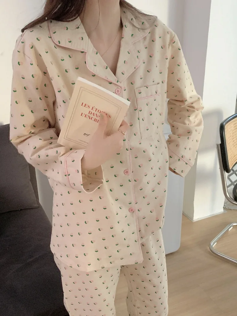 

Женский пижамный комплект с цветочным принтом, осенняя однобортная Женская одежда для сна из 2 предметов с брюками, Пижамный костюм с длинным рукавом для женщин