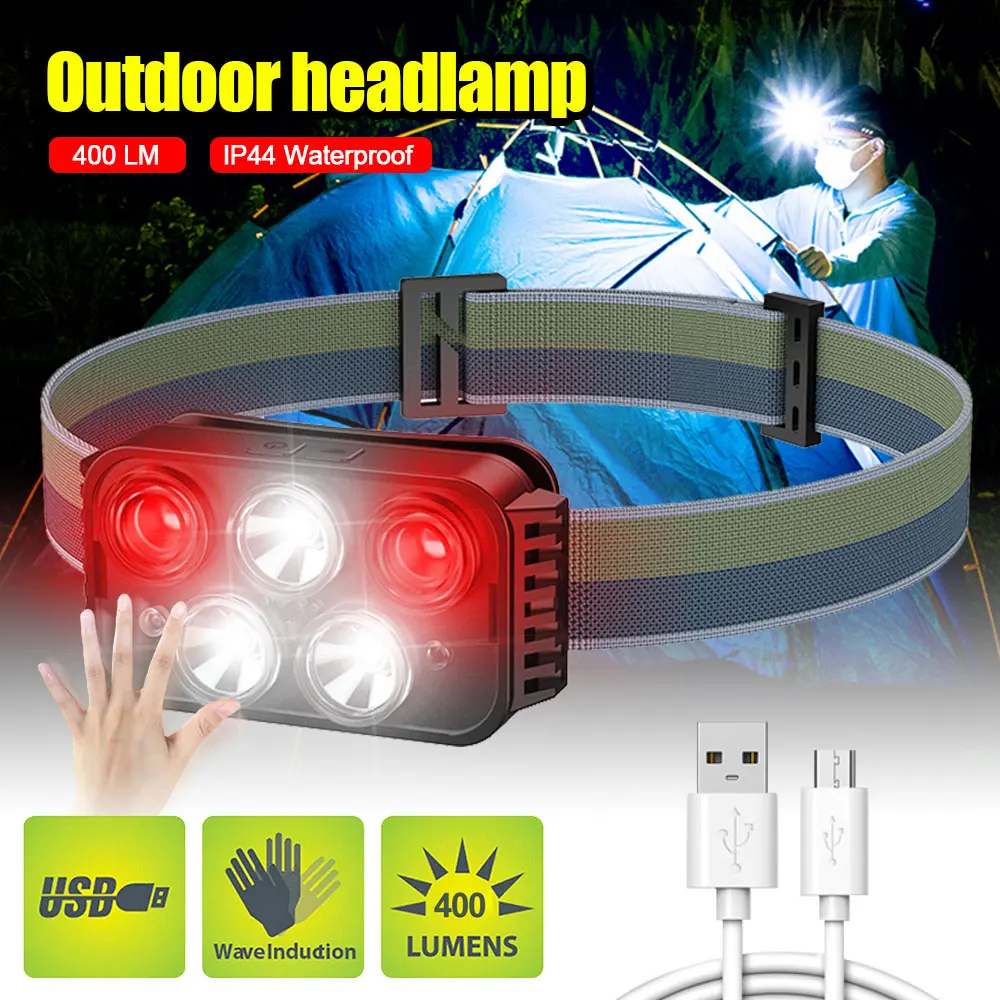 

10W 1000mAh Motion Sensor LED Headlamp USB Rechargeable White & Red Headlight Waterproof Head Torch Camping Fishing Flashlight