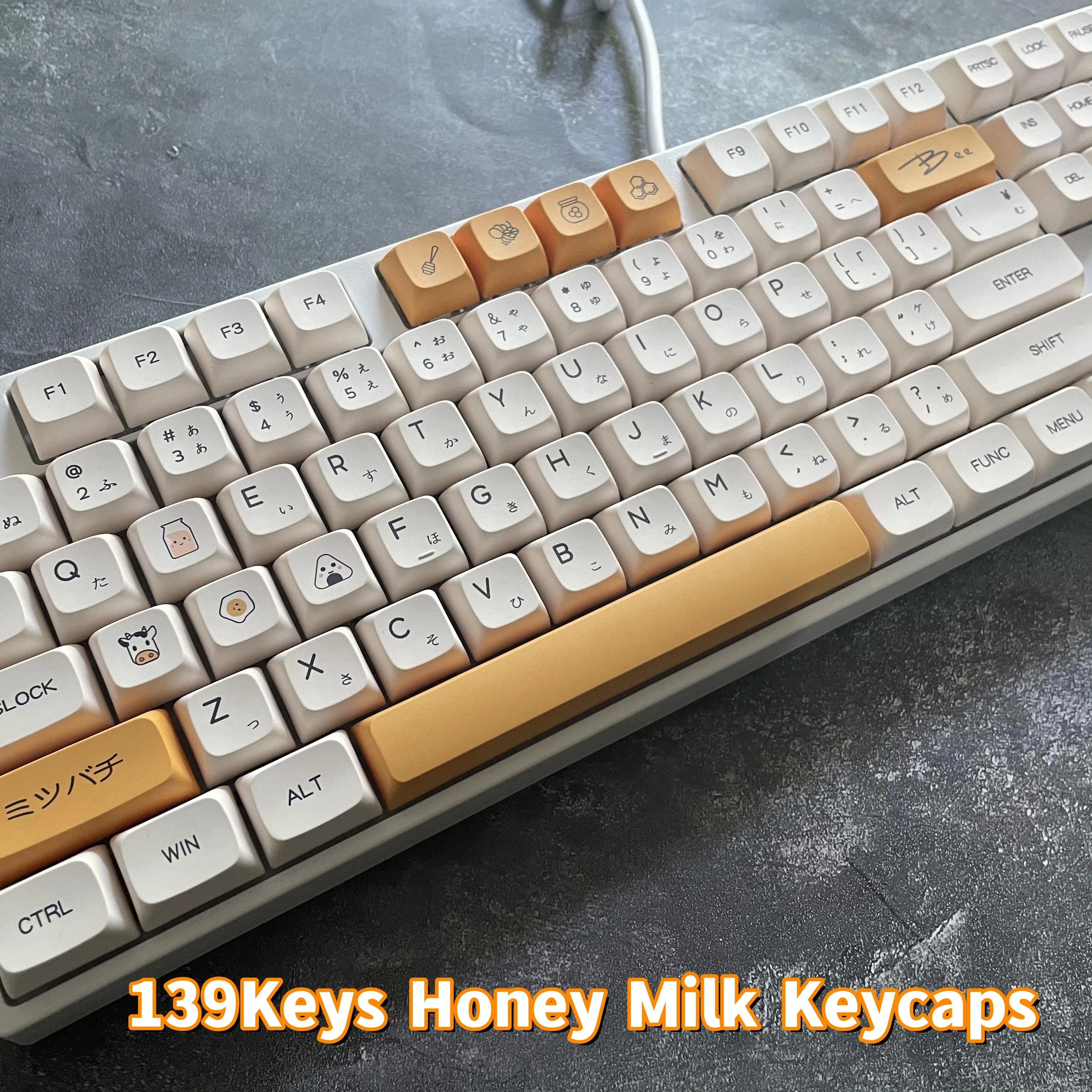 

139Keys Honey Milk Keycaps XDA Profiel PBT Cute Cartoon Mechanical Keyboard Cross Interface Keycap For 68 75 84 92 104 Keyboard