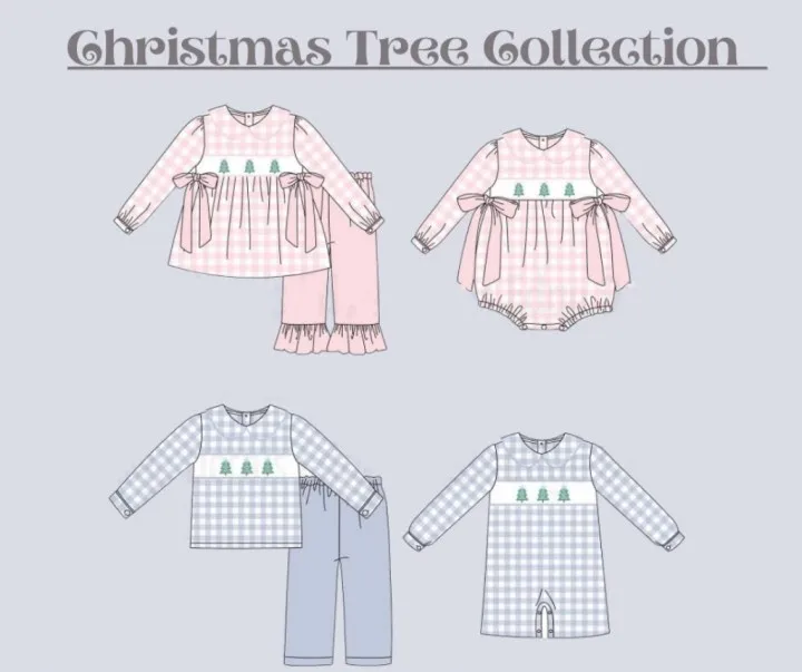 

Baby Winter Long Sleeve T-shirt Set Round Neck Christmas Tree Embroidery Boy Blue Lattice Top Clothes And Pants Pink Girl Ropa