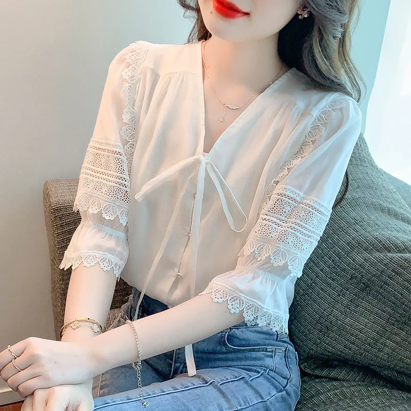 White Lace Hollow Out Short Sleeve Blouse Office Lady Elegant Lace-up V Neck Women Shirts Blouses 2022 Summer Woman Top
White Lace Hollow Out Short Sleeve Blouse Office Lady Elegant Lace-up V Neck Women Shirts Blouses 2022 Summer Woman Top