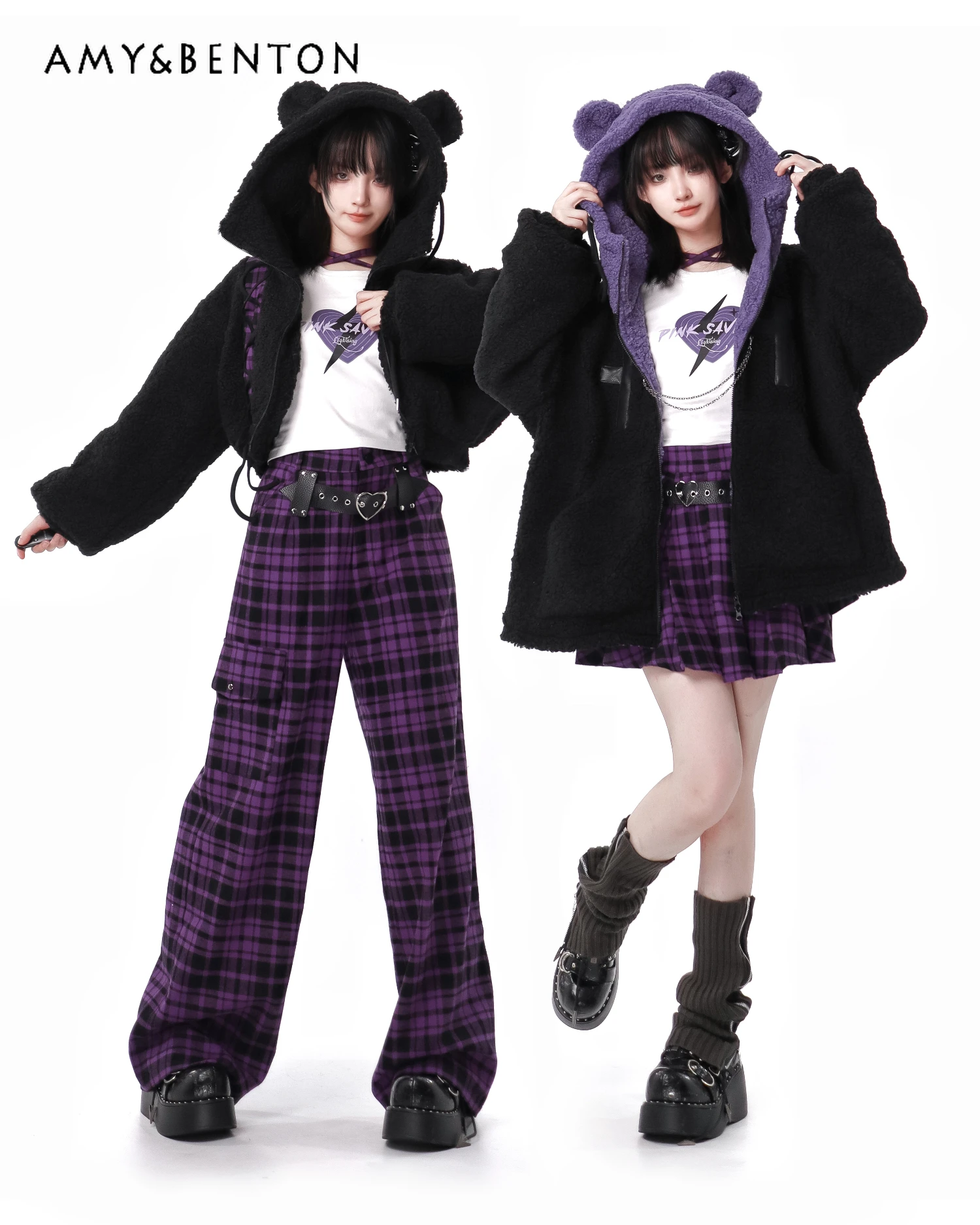 Preppy Style Sweet Cool Girl Outfits Cute Hooded Lamb Wool Coat Purple Plaid Leather Ring Mini Skirt Two-Piece Sets Winter New
Preppy Style Sweet Cool Girl Outfits Cute Hooded Lamb Wool Coat Purple Plaid Leather Ring Mini Skirt Two-Piece Sets Winter New
