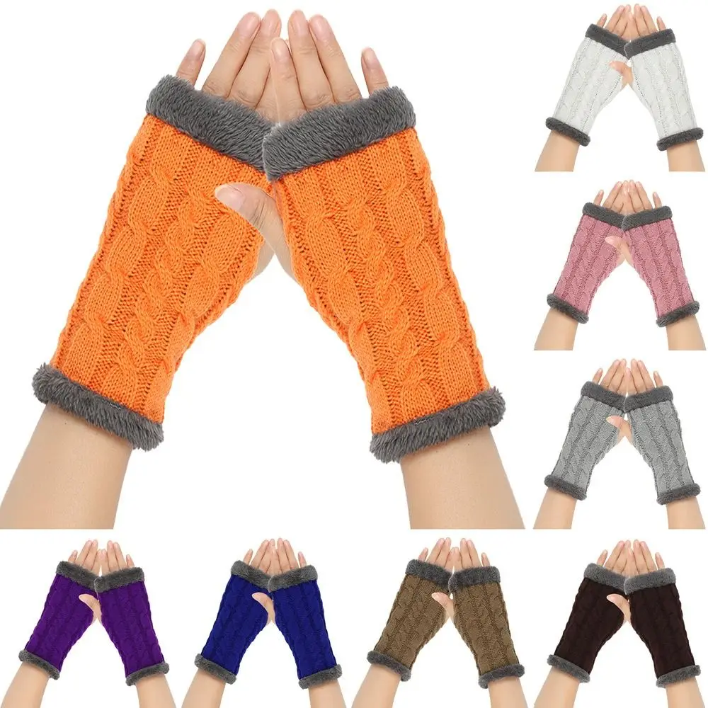 

Knitted Fingerless Gloves Stretchy Fleece Lined Writing Typing Thumb Hole Mittens Winter Soft Warm Gloves