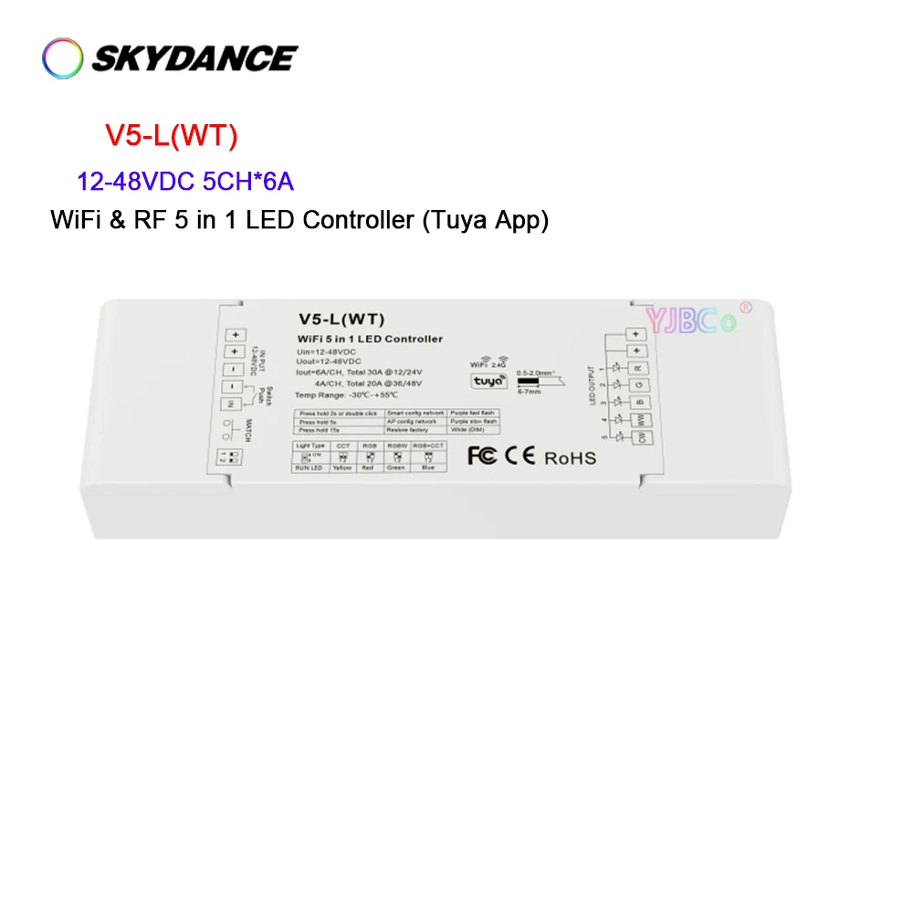 Skydance Push Dim RGB,RGBW,RGBCCT,CCT,single color PWM 2.4G WiFi 5 in1 LED strip Controller 12V 24V 36V Tuya APP 4 PWM frequency
Skydance Push Dim RGB,RGBW,RGBCCT,CCT,single color PWM 2.4G WiFi 5 in1 LED strip Controller 12V 24V 36V Tuya APP 4 PWM frequency