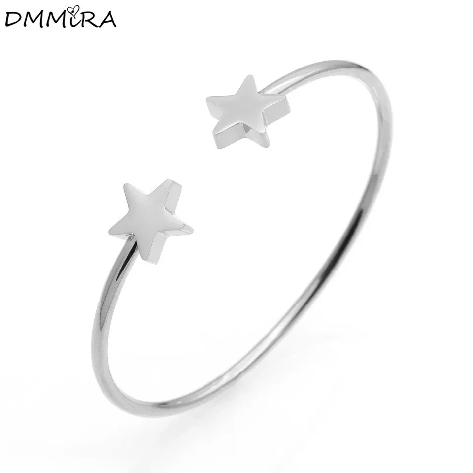 

Fashion Women Men Open Clasp Bangles Color Gold Stainless Steel Double Stars Wire Clasp Cuff Bracelets Pulseras Jewelry