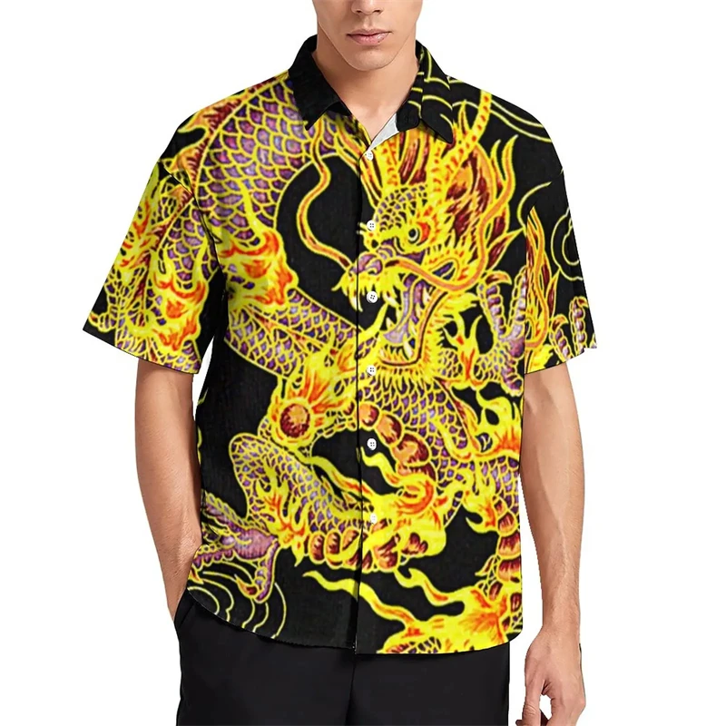 

Гавайская Мужская рубашка с рисунком дракона, летняя Элегантная Повседневная дышащая одежда большого размера для кемпинга с короткими рукавами, мужская рубашка