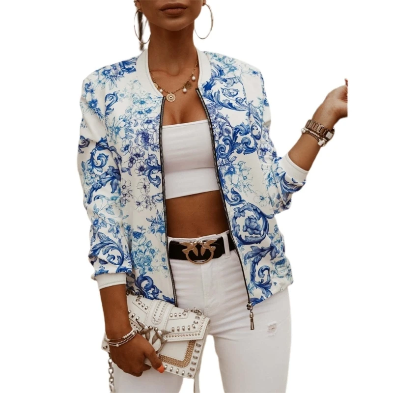 

M89E Womens Jackets Casual Up Bomber Jackets Coat Floral Print Long Sleeve Stand Collar Short Outerwear Tops Windbreaker