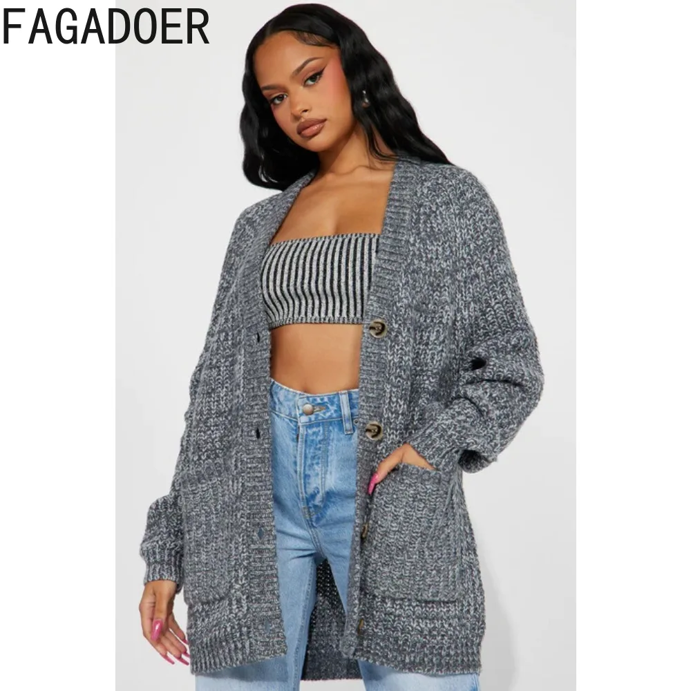 

FAGADOER Gray Autumn Casual Knitting Sweater Women Long Sleeve Button Pocket Coats Female Solid Color Loose Cardigan Tops 2023
