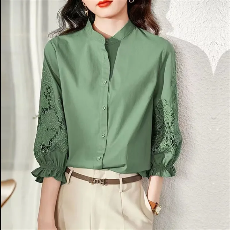 Lantern Sleeve Blouses Women Shirt Hollow Out Half Sleeve Shirt Summer Blouse Loose Cardigan Top Grace Embroidered Female Shirt