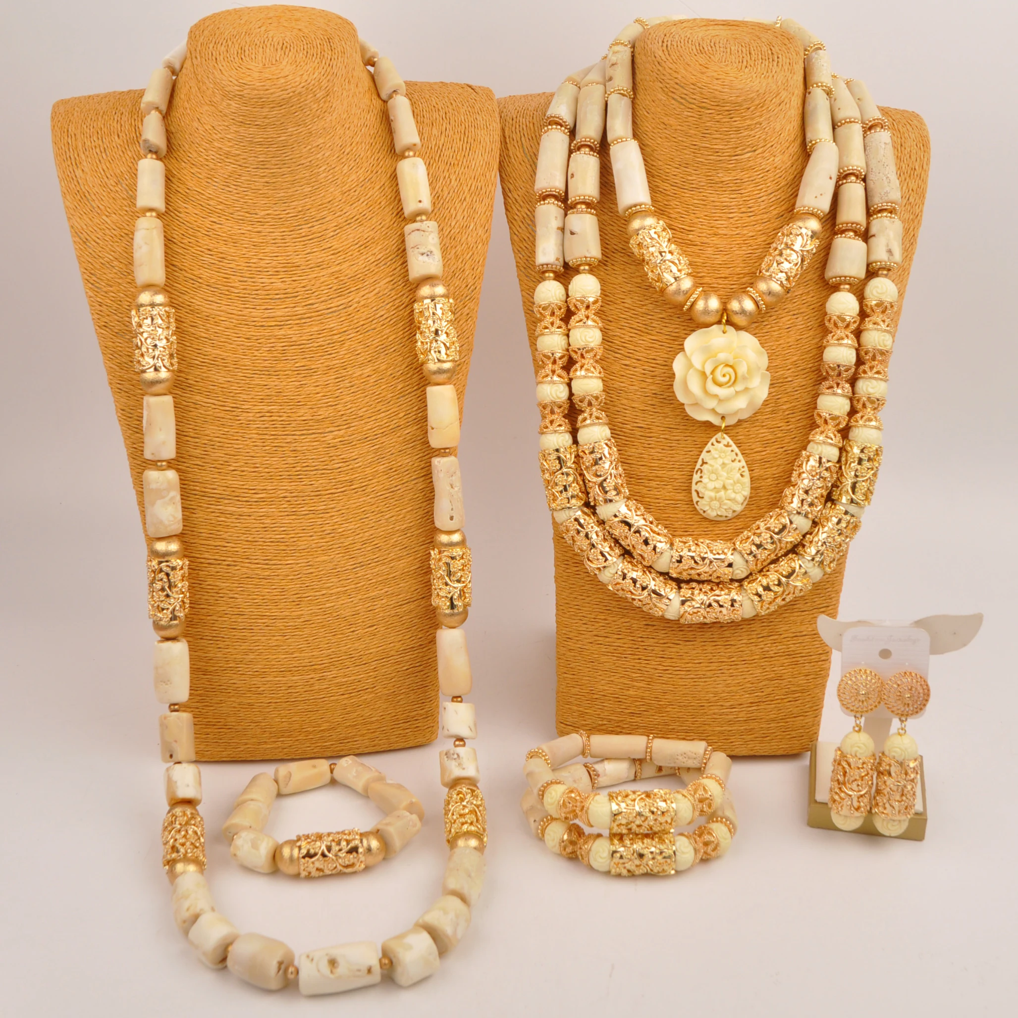 

African Wedding Bridal Necklace Natural White Nigerian Coral Bead Jewelry Set for Couple