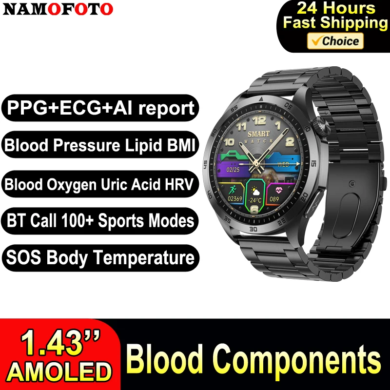 

2024 New Smart Watch 1.43'' AMOLED ECG HRV Blood Pressure Lipid Uric Acid Wristwatch SOS BT Call Temp Clock Men Sport Smartwatch