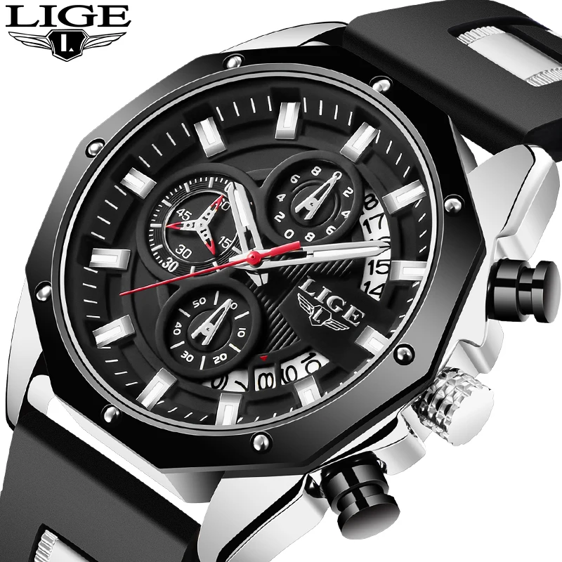 

LIGE Quartz Men's Watches Brand Luxury Silicone Strap Waterproof Sport Chronograph Military Wristwatches Clock Relogio Masculino