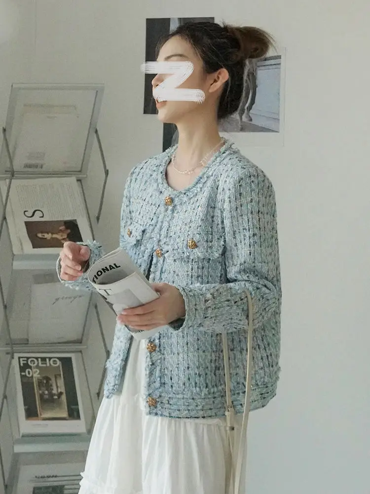 

UNXX Blue Fashionable Coat Women 2024 Spring New Korean Style Suit Petite Short Thick Woolen Top Office Lady Top High Quality