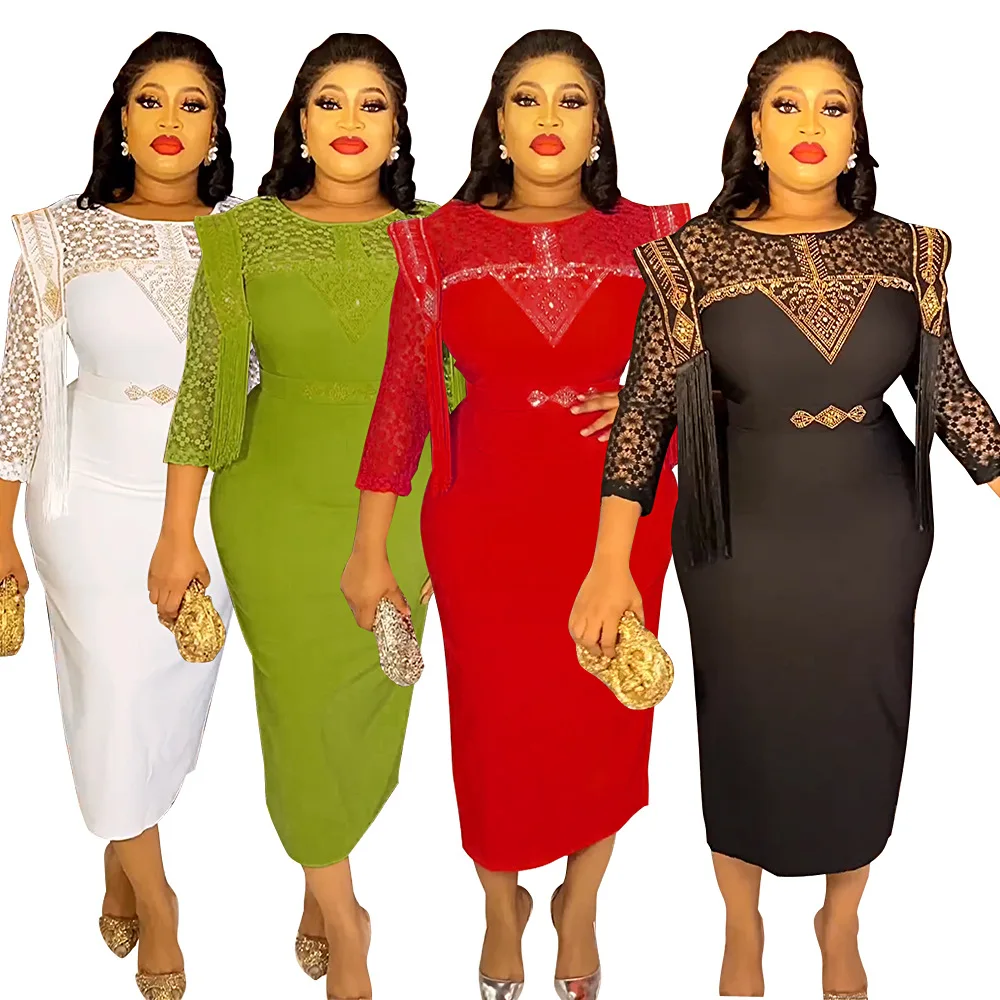 

Women African Dresses Lace Spliced Gorgeous Vestidos Traditional Sheath Wrap Buttocks Sexy Party Dress Tassel Slim Fit