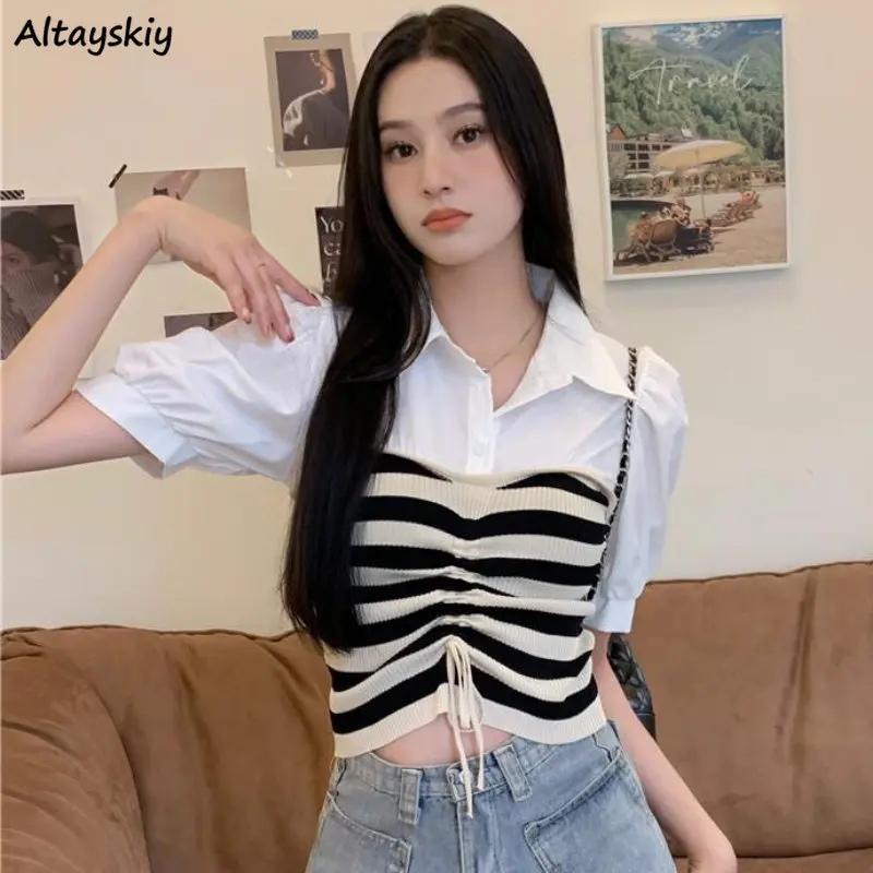 

Fake 2 Pcs T-shirts Women Patchwork Knitted Slim Tender Fashion Korean Style All-match Girlish Casual Soft Chic Tops Aesthetic