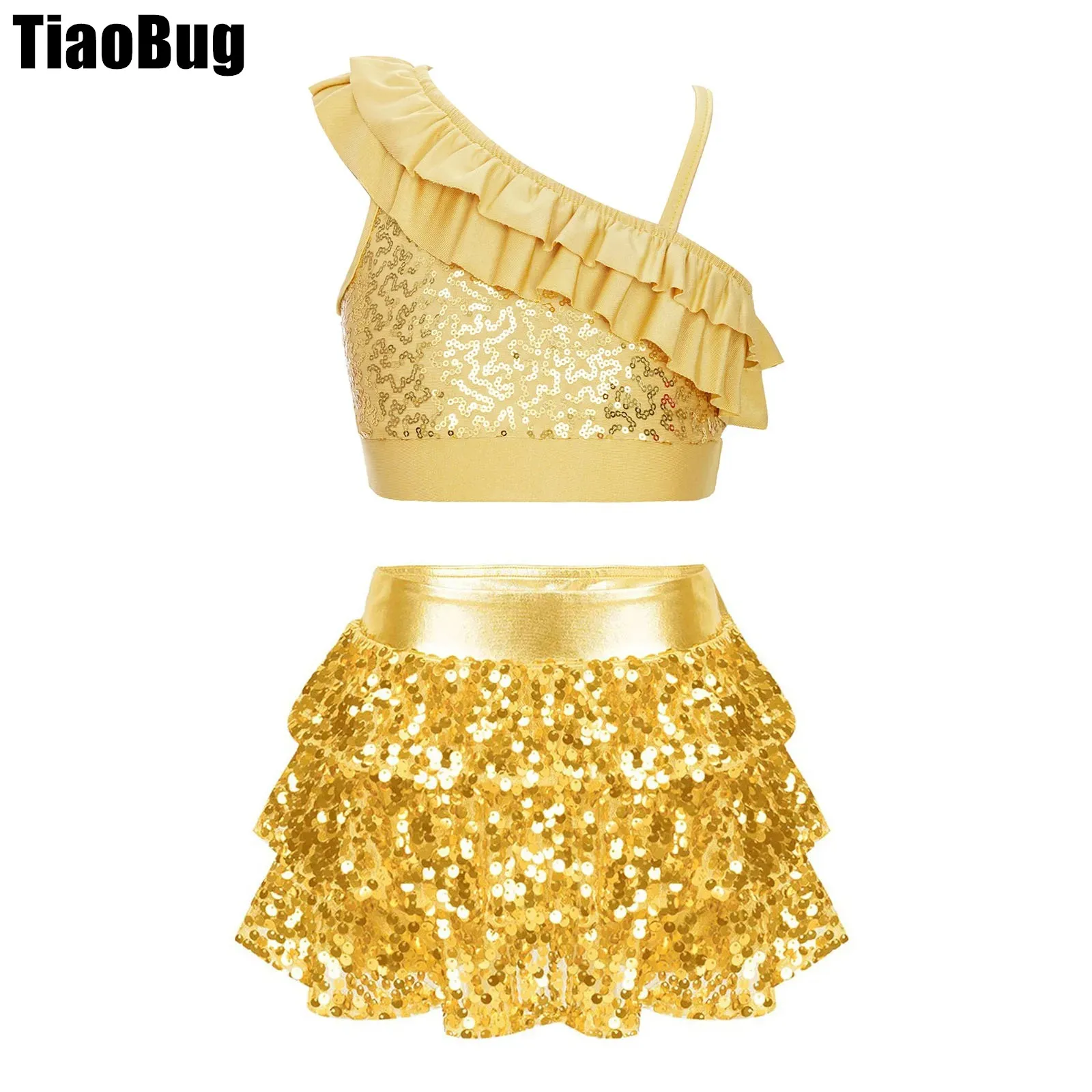 

Kids Girls Sequin Ruffle Dance Outfit Asymmetrical Shoulder Straps Crop Top with Sequins Tiered Ruffle Skirted Shorts Culottes