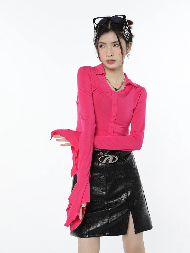 Korean Fashion Simply Style Casual Basic Flare Sleeve Crop Tops T-Shirts 2023 Spring Button Rose Red Tops Women Clothing
Korean Fashion Simply Style Casual Basic Flare Sleeve Crop Tops T-Shirts 2023 Spring Button Rose Red Tops Women Clothing