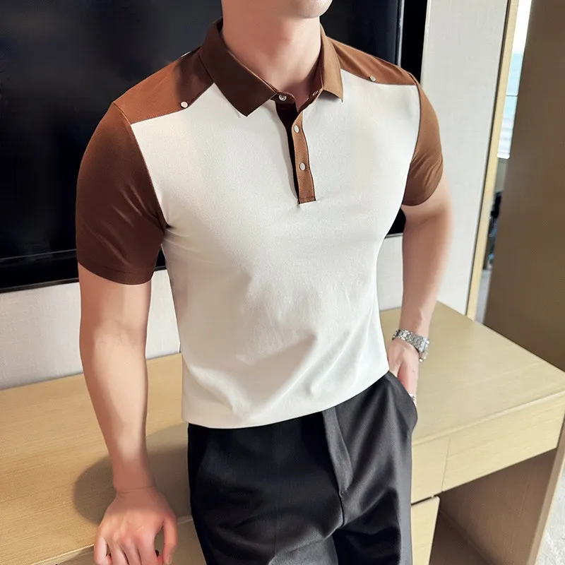 

Рубашка-поло мужская с коротким рукавом, приталенная Повседневная сорочка с контрастными вставками, с лацканами, деловой пуловер, уличная одежда, лето