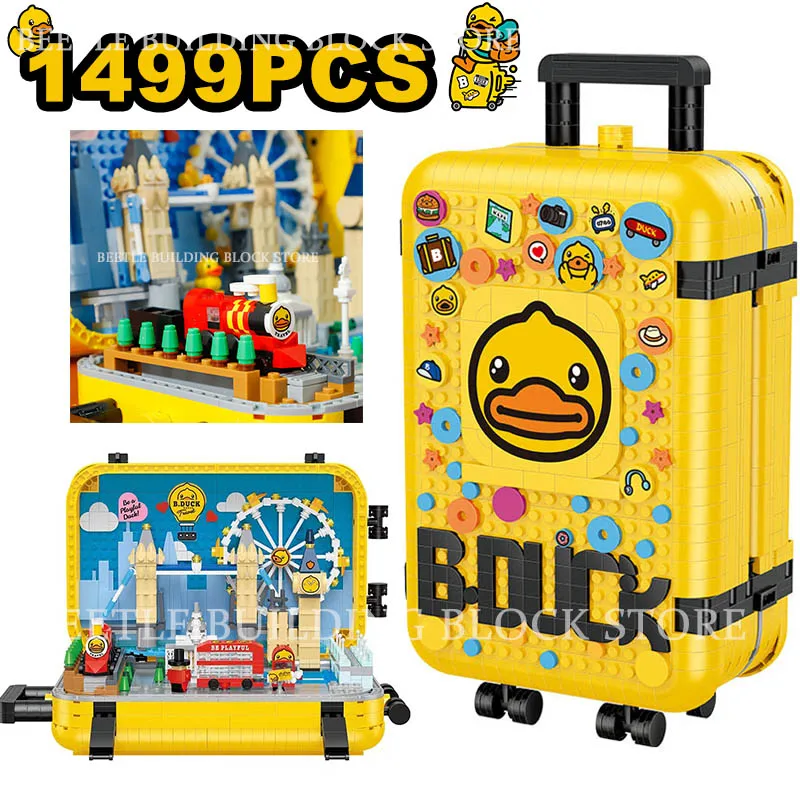 

1499PCS Creative Little Yellow Duck Suitcase City Street View London Landmark Modular Micro Mini Brick Toys Gifts For Children
