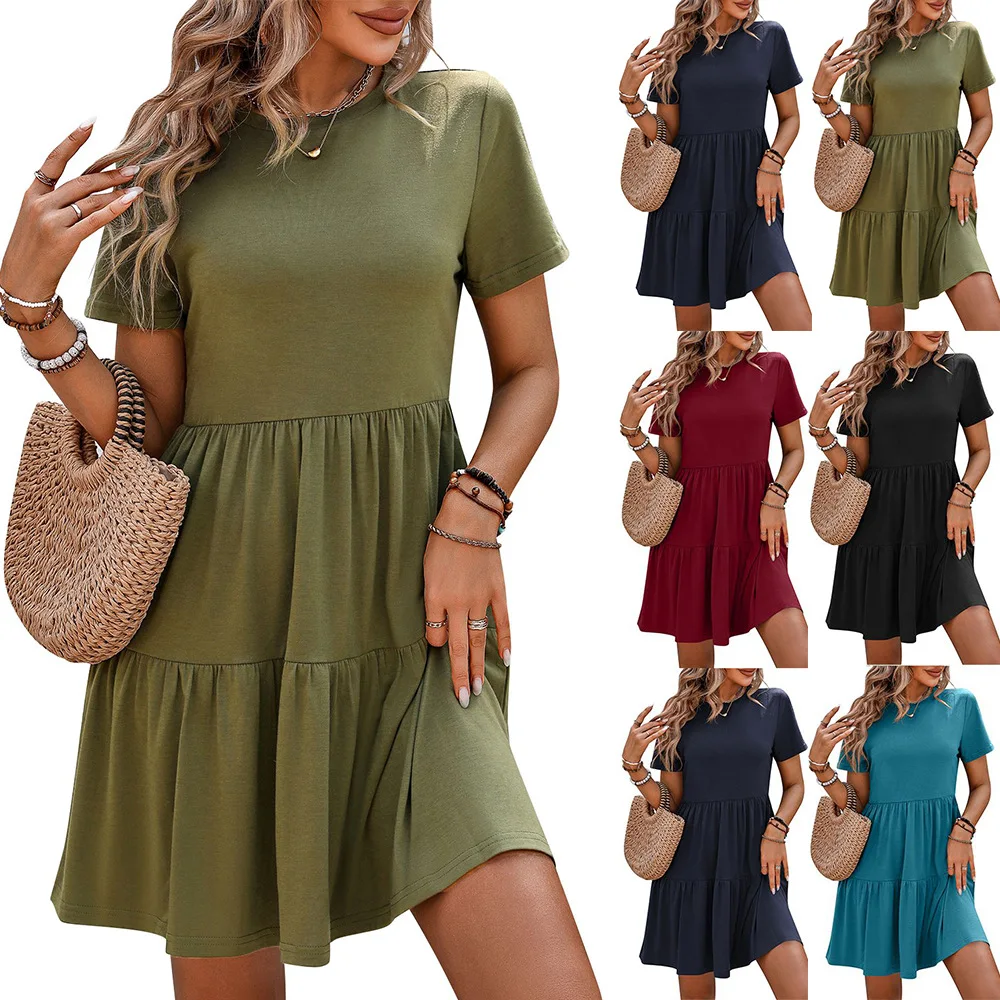 

2024 Amazon New Foreign Trade Cross-Border European and American Summer Casual V-neck Three Layers Pleated Short Sleeves Dress