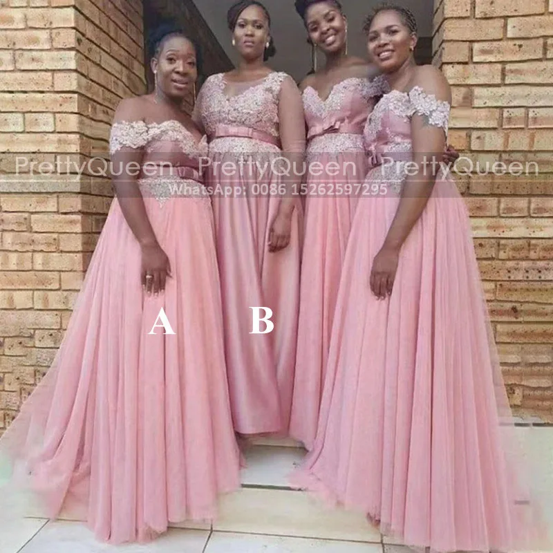 Stylish Appliques A Line Bridesmaid Dresses Plus Size Women Off Shoulder Pink Tulle Sheer Long Maid Of Honor Party Dress 
Stylish Appliques A Line Bridesmaid Dresses Plus Size Women Off Shoulder Pink Tulle Sheer Long Maid Of Honor Party Dress
