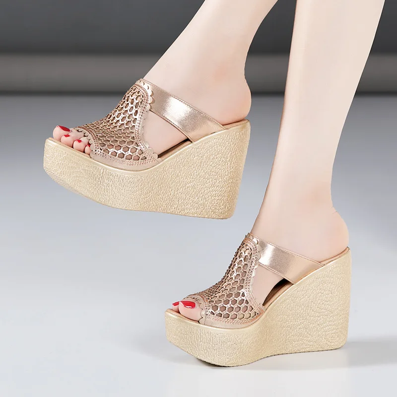

YeddaMavis Gold Slippers 11CM High Heel Sandals For Women Sandals New Summer Peep Toe Lace Mesh Wedge Heels Sandal Women Shoes