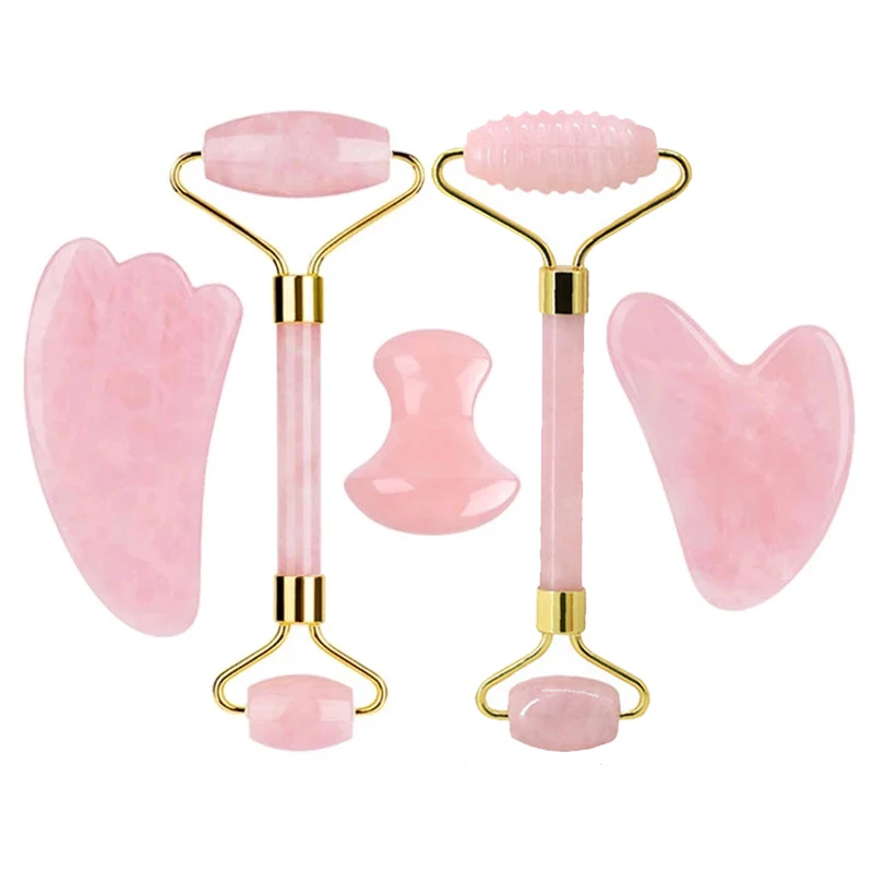 

Natural Rose Quartz Jade Roller Scraping Board Set Gouache Scraper Jade Massager Facial Lifting Skin Care Gua Sha Beauty Tools