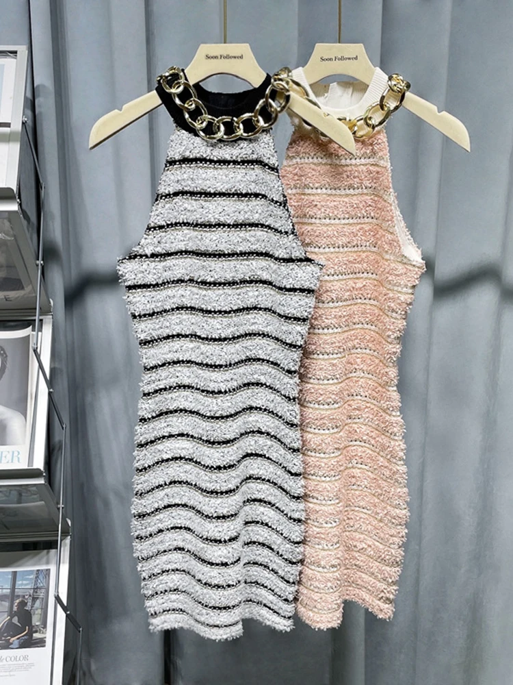 HIGH STREET Newest 2023 Designer Fashion Halter Neck Metal Chain Sleeveless Knit Striped Dress
HIGH STREET Newest 2023 Designer Fashion Halter Neck Metal Chain Sleeveless Knit Striped Dress