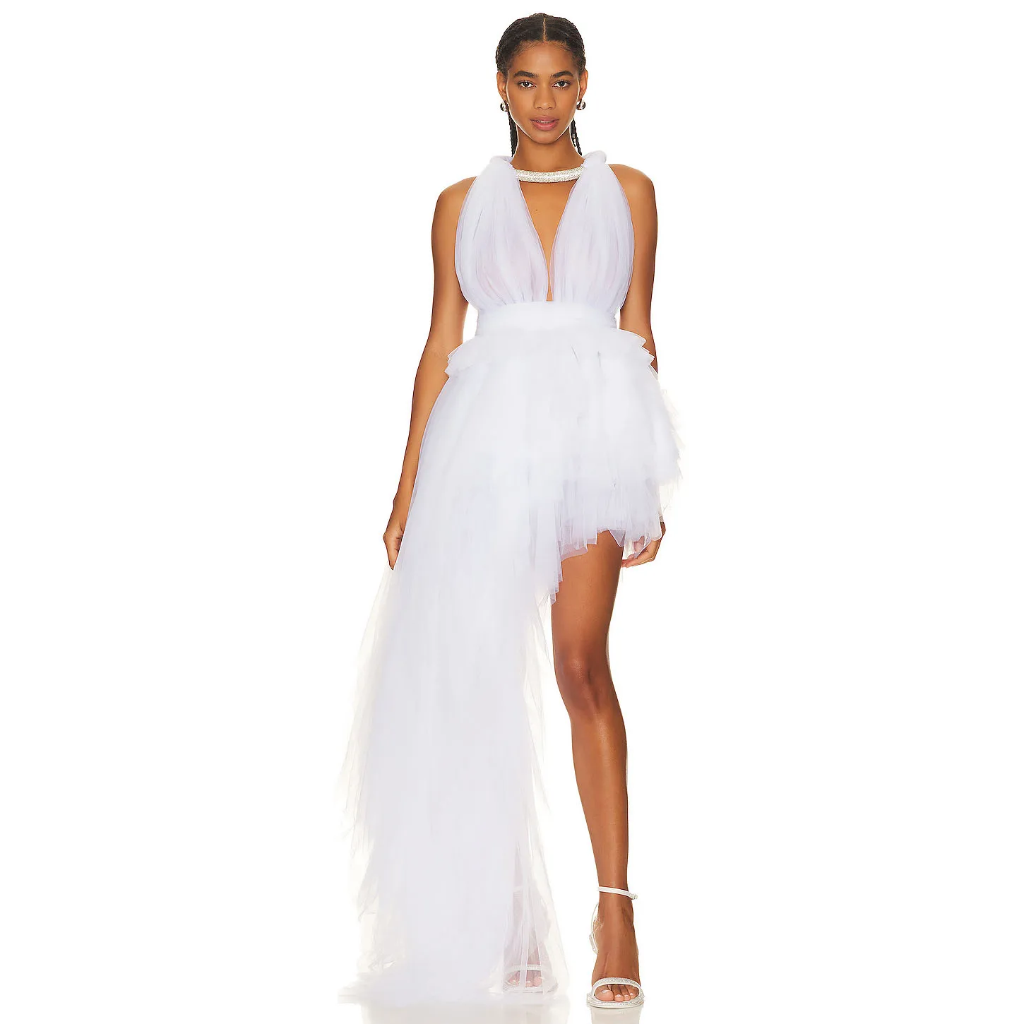 

Pretty White Dresses Fashion Asymmetrical Maxi Dress Off Shoulder robe de soiree Prom Gowns Crystal Layered Tulle Dress Chic