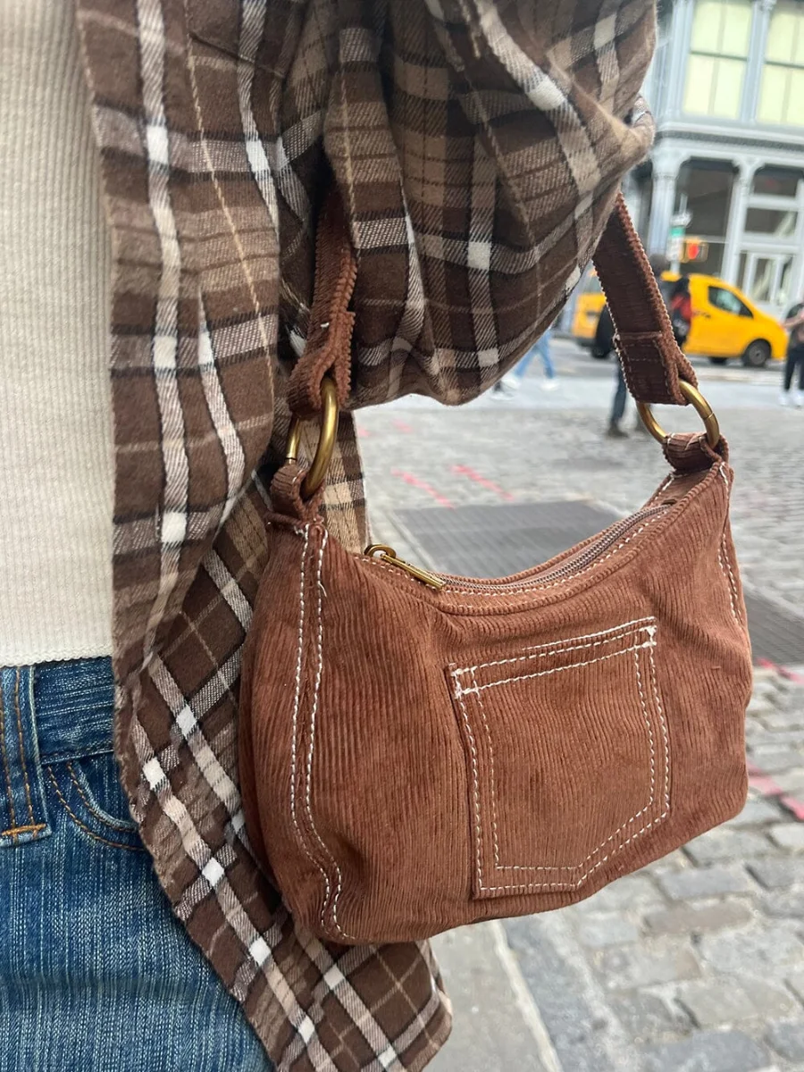 

Коричневая винтажная сумка через плечо с карманами, Всесезонная Высококачественная Вельветовая дамская сумочка Y2k, уличная модная сумка в стиле преппи