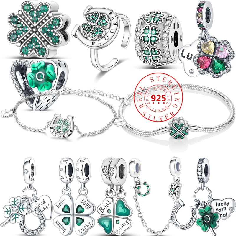 

100% 925 Silver Green Lucky Four Leaf Clover Pendant Safety Chain Love Heart Clip Beads Fit Original Pandora Charms Bracelet DIY
