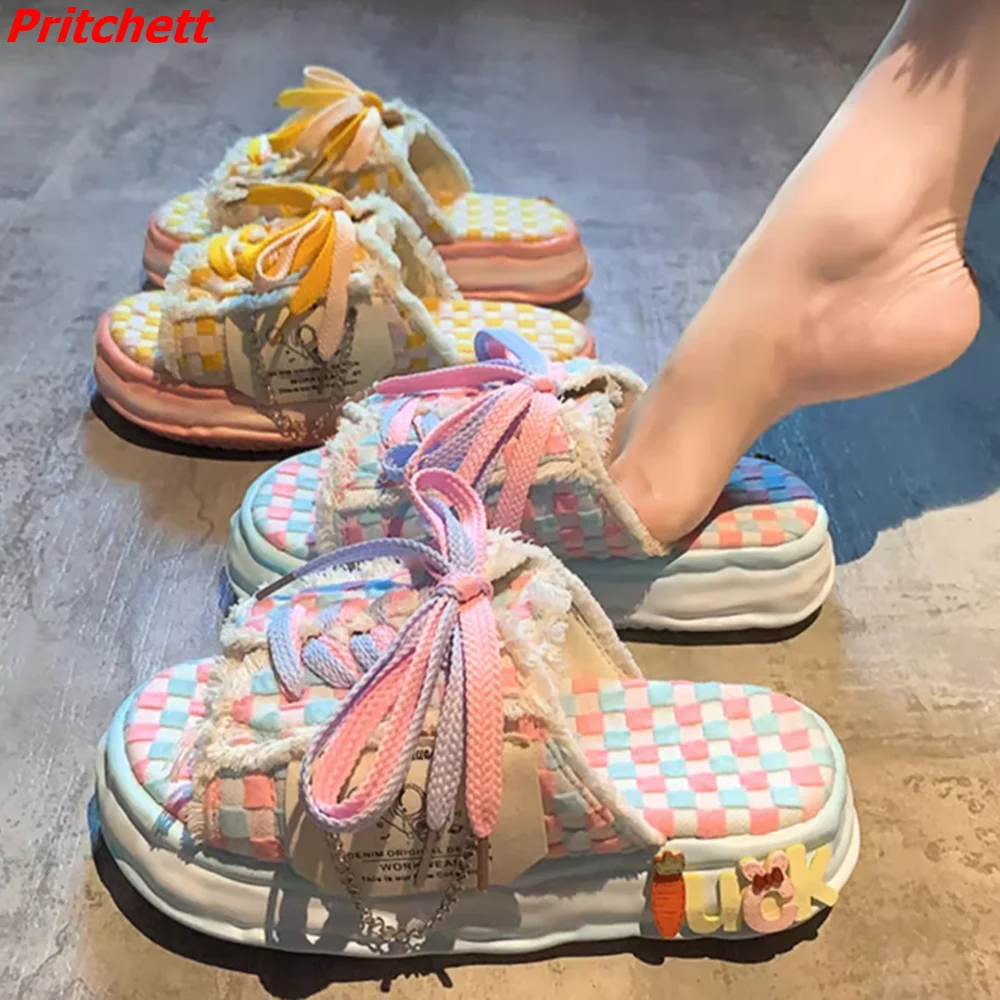 

Open Toe Slingback Cloth Women Slippers Mixed Color Shallow Slip On Height Increasing 2023 Newest Summer Casual Fashion Slides